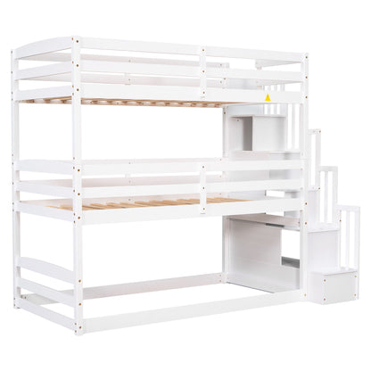 Twin Size Triple Bunk Bed With Storage Staircase, Separate Design - White - The Sleep Loft - Online Mattress Showroom NYC