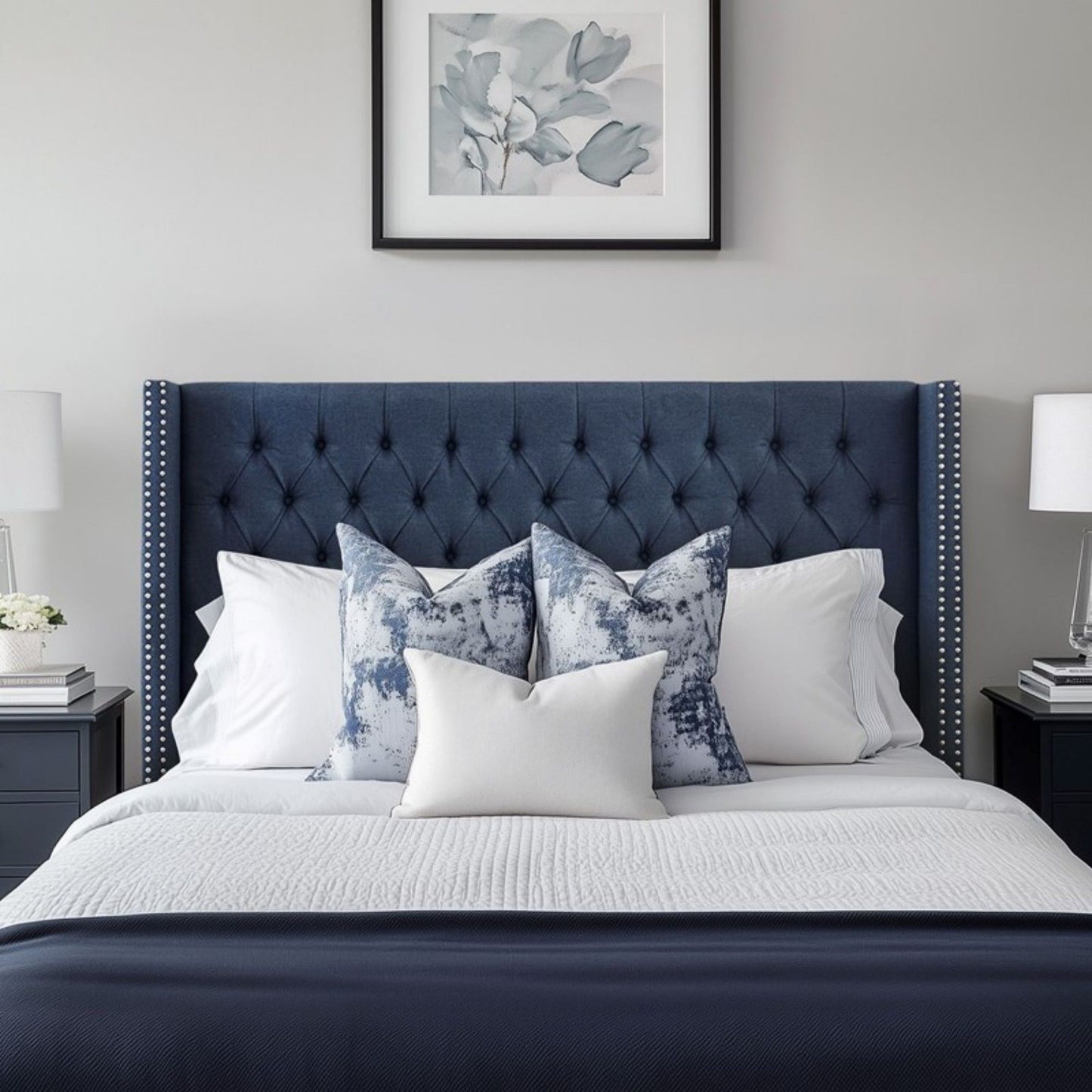 Transitional Upholstery Headboard With Tufted Buttons And Nailhead Trim - The Sleep Loft - Online Mattress Showroom NYC