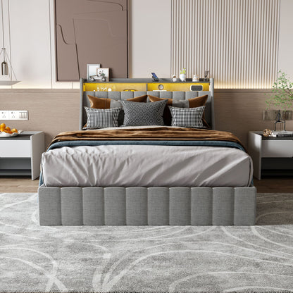 Queen Size Bed Frame With LED Lighting, Winged Headboard With Storage Drawers - Light Gray - The Sleep Loft - Online Mattress Showroom NYC