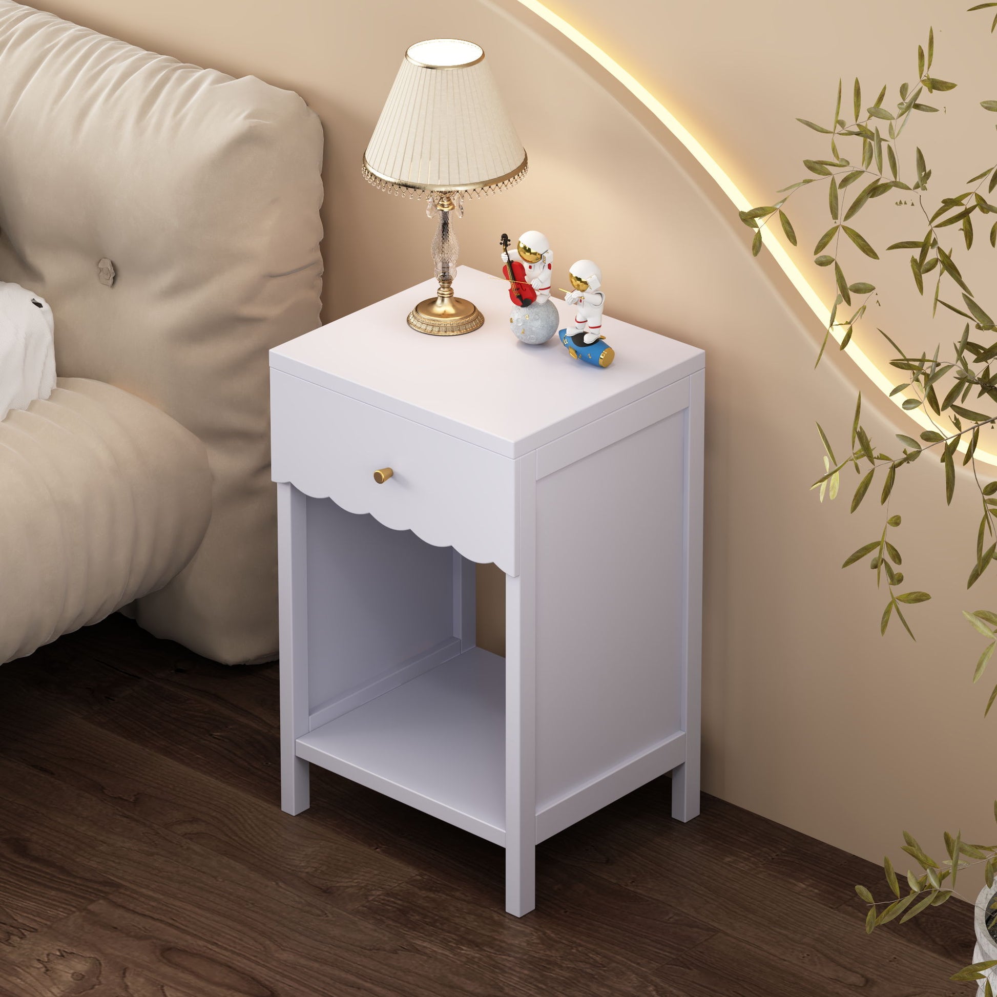 Nightstand With Drawer And Open Shelf, Scalloped Edge Bedside Table - The Sleep Loft - Online Mattress Showroom NYC