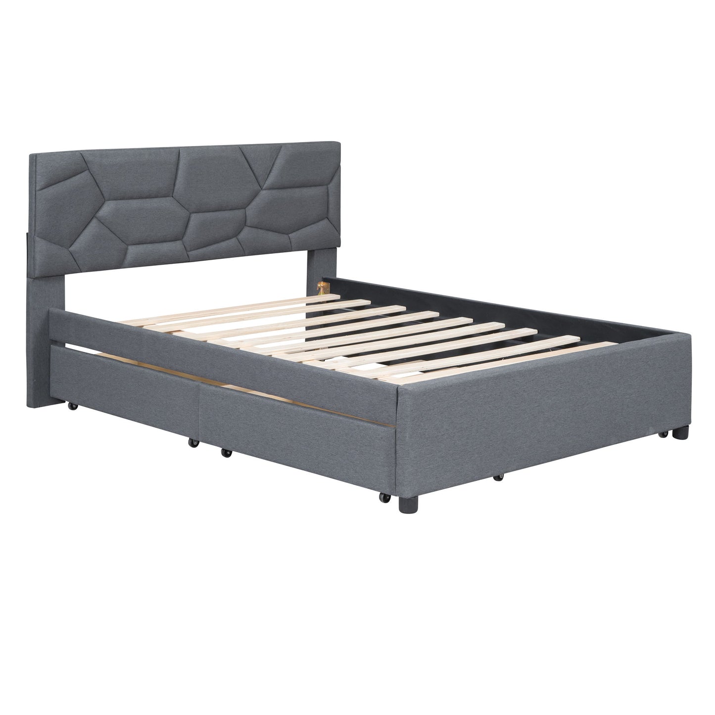 Upholstered Platform Bed With Brick Pattern Headboard And Twin Long Size Trundle - The Sleep Loft - Online Mattress Showroom NYC