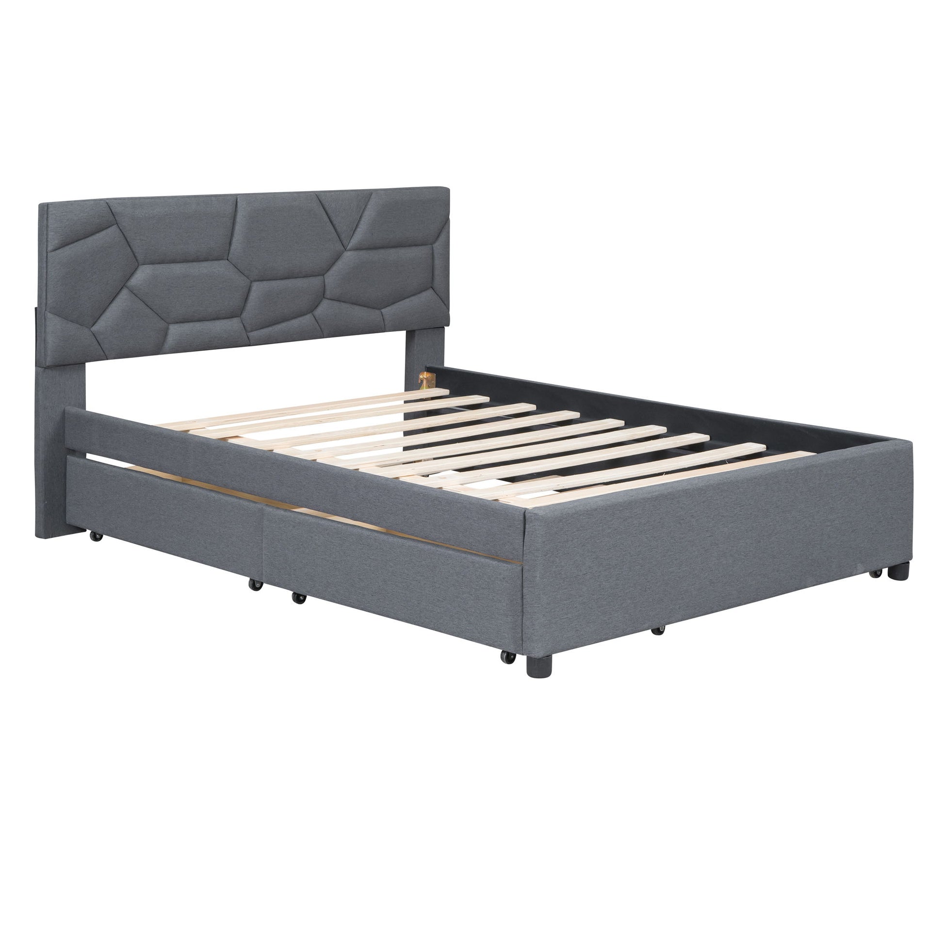 Upholstered Platform Bed With Brick Pattern Headboard And Twin Long Size Trundle - The Sleep Loft - Online Mattress Showroom NYC