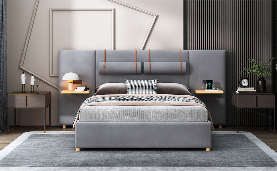 Upholstered Platform Bed, 2 Outlets And USB Charging Ports On Both Sides, 2 Bedside Pillows, Storage Shelves - The Sleep Loft - Online Mattress Showroom NYC