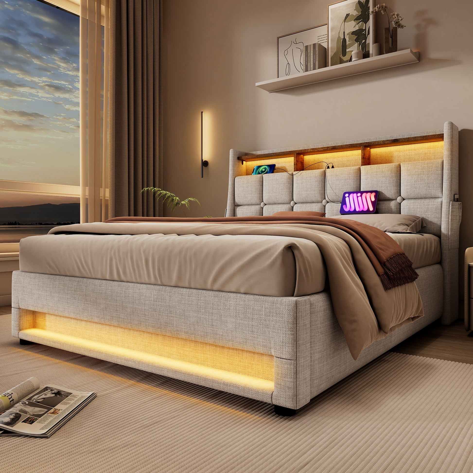 Upholstered Platform Bed With A Hydraulic Storage System, LED And USB Charging (Without Mattress) - The Sleep Loft - Online Mattress Showroom NYC