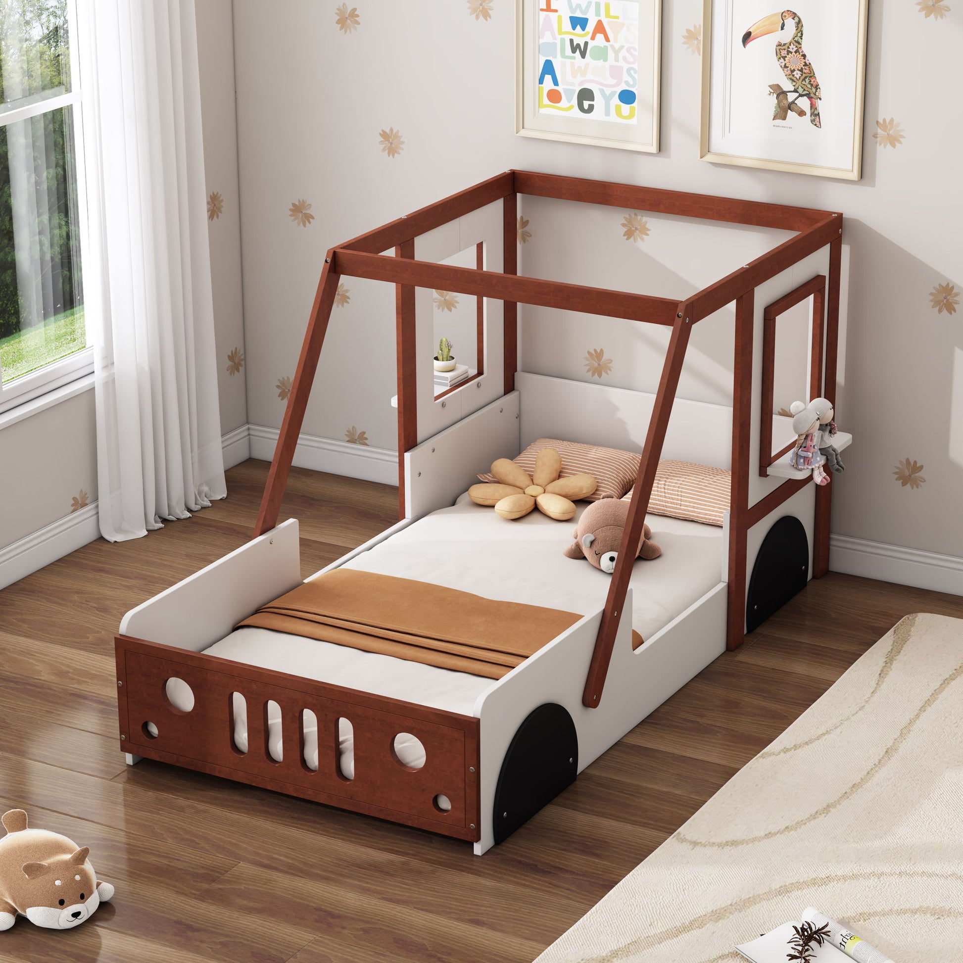 Fun Play Design Twin Size Car Bed, Kids Platform Bed In Car Shaped For Kids Boys Girls Teens - White / Orange - The Sleep Loft - Online Mattress Showroom NYC