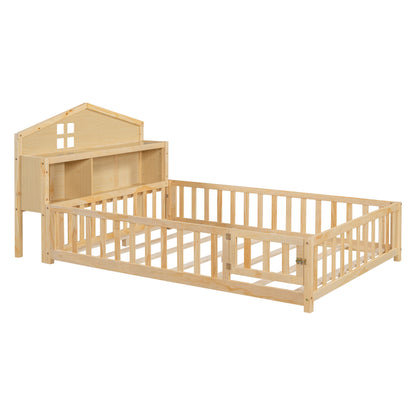 Full Size Montessori Floor Bed With Bookcases And boards, Solid Wood Platform Bed With Guard Rails And Storage Headboards - Natural - The Sleep Loft - Online Mattress Showroom NYC