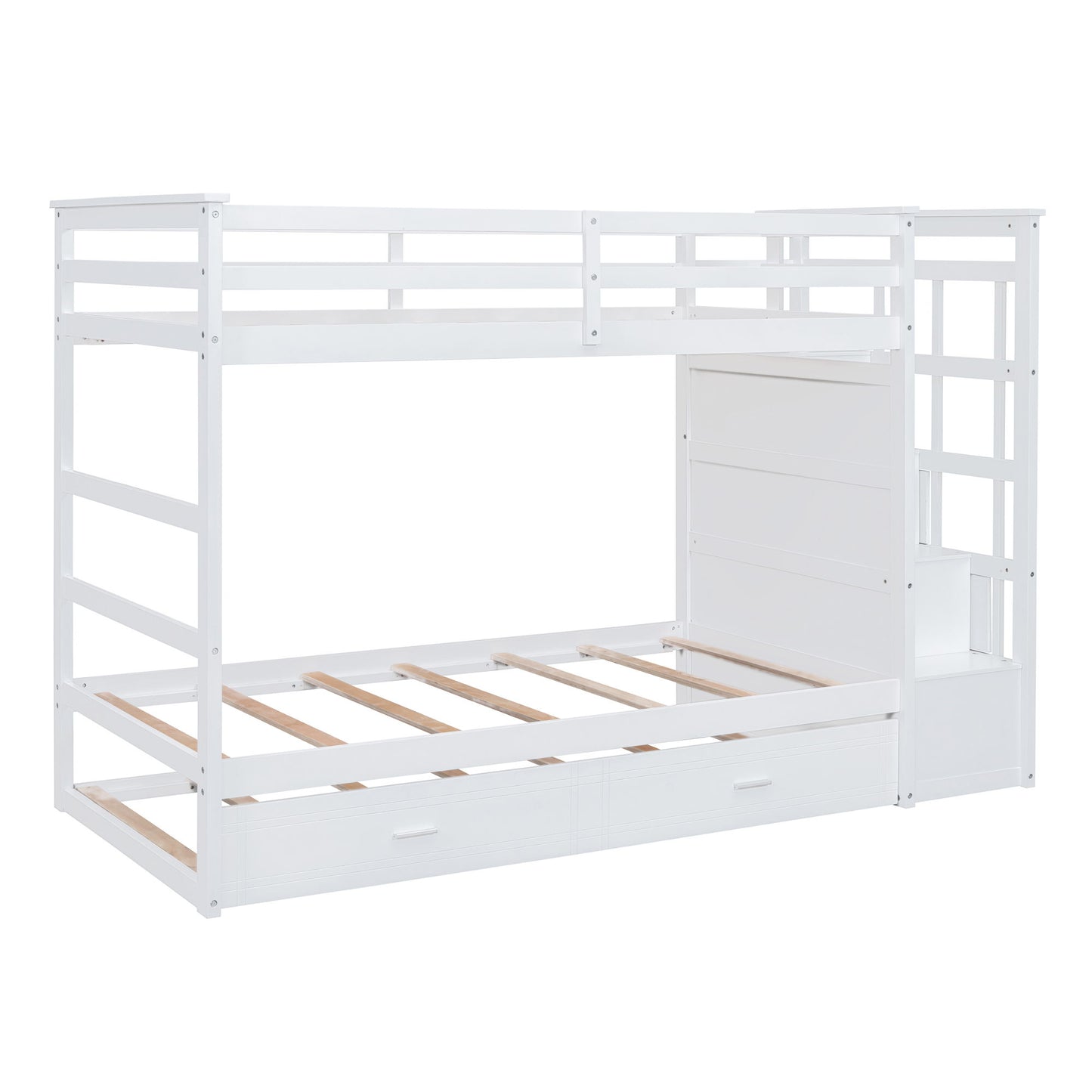 Twin Over Twin Bunk Bed With Trundle And Staircase - White - The Sleep Loft - Online Mattress Showroom NYC