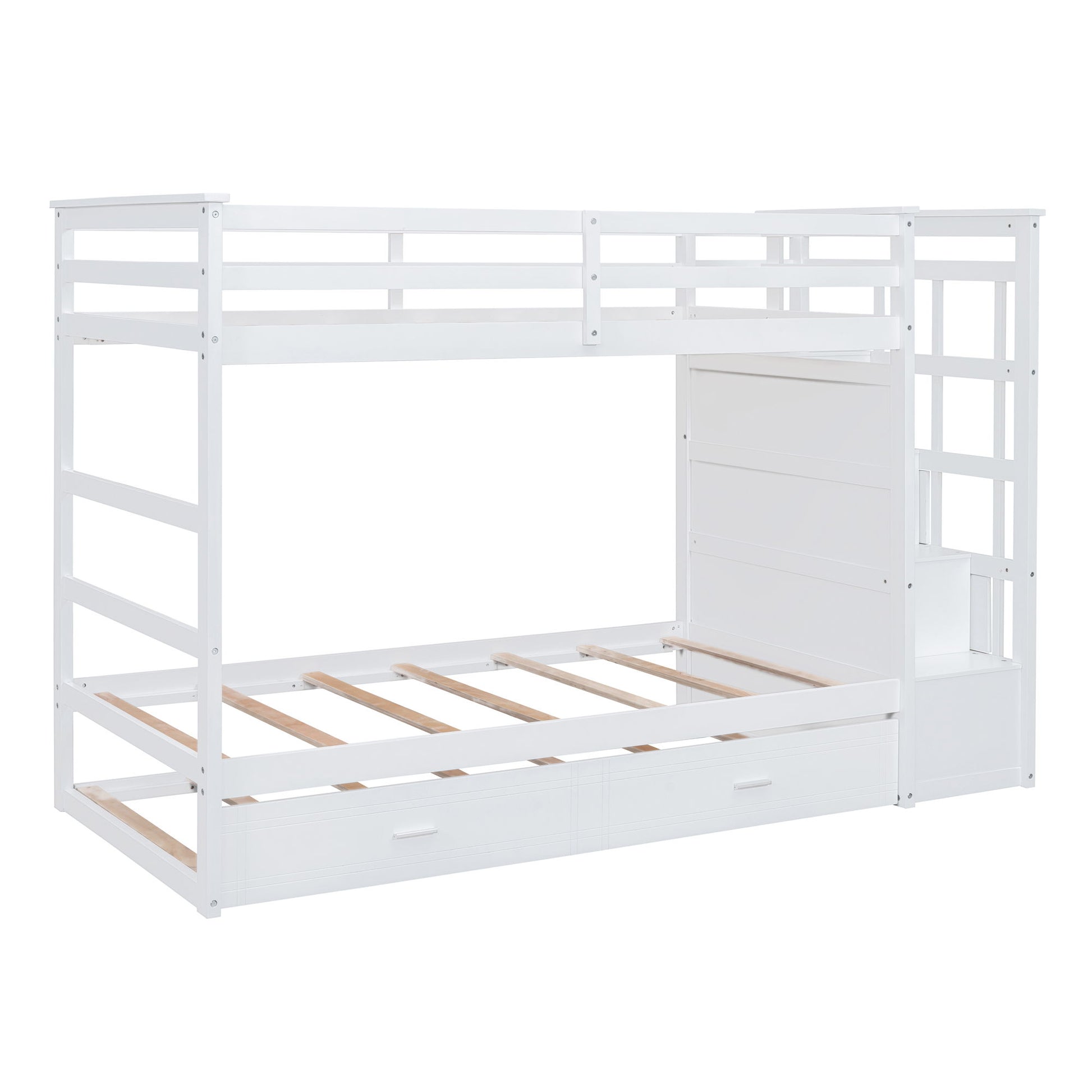 Twin Over Twin Bunk Bed With Trundle And Staircase - White - The Sleep Loft - Online Mattress Showroom NYC