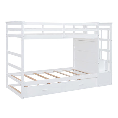 Twin Over Twin Bunk Bed With Trundle And Staircase - White - The Sleep Loft - Online Mattress Showroom NYC