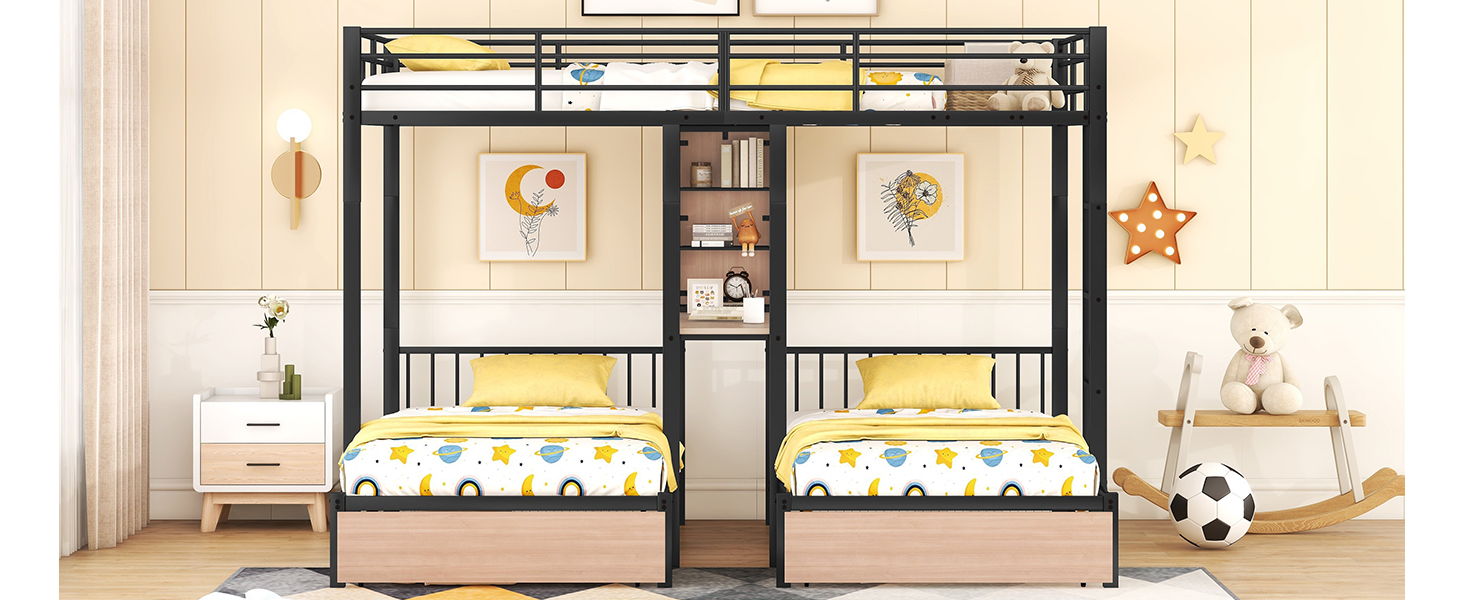 Triple Bunk Bed With Drawers, Multi-Functional Frame With Desks And Shelves In The Middle - The Sleep Loft - Online Mattress Showroom NYC