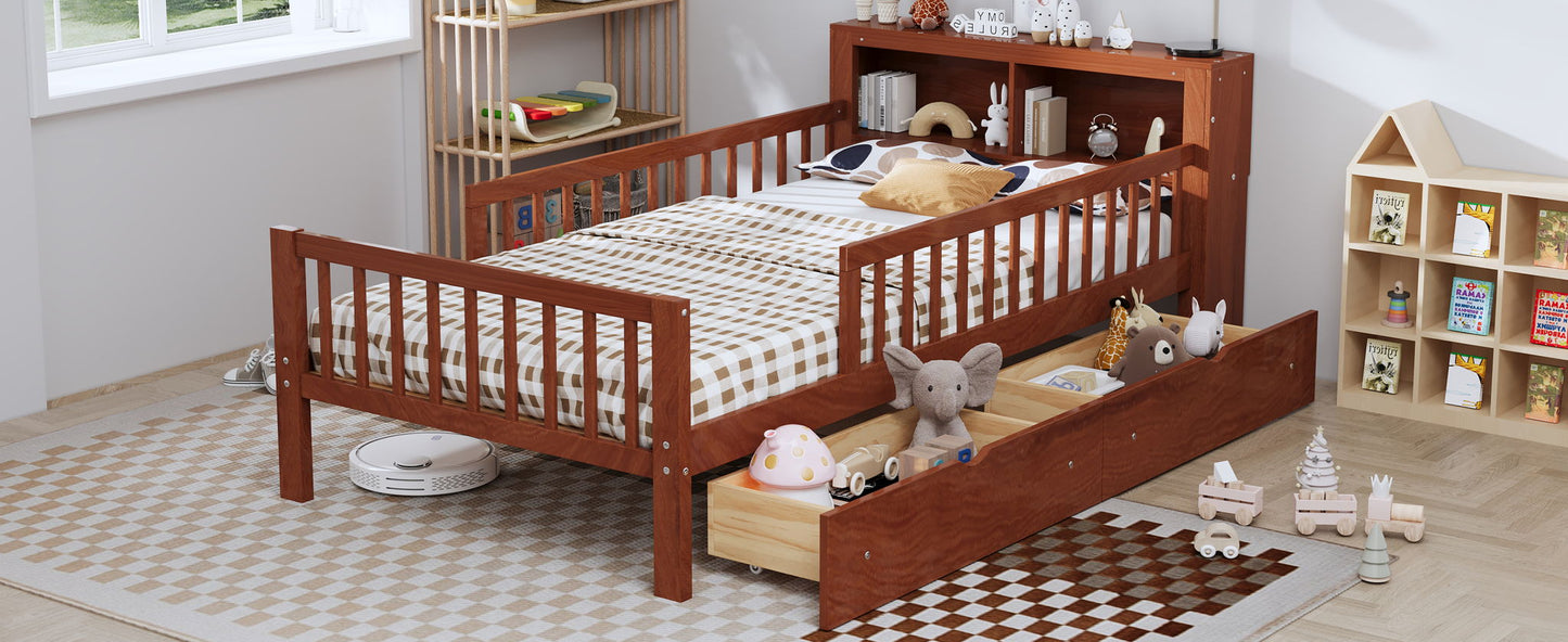 Bed With Headboard Storage Rack, 2 Under Bed Drawers, 3 Side Guardrails For Safety - The Sleep Loft - Online Mattress Showroom NYC