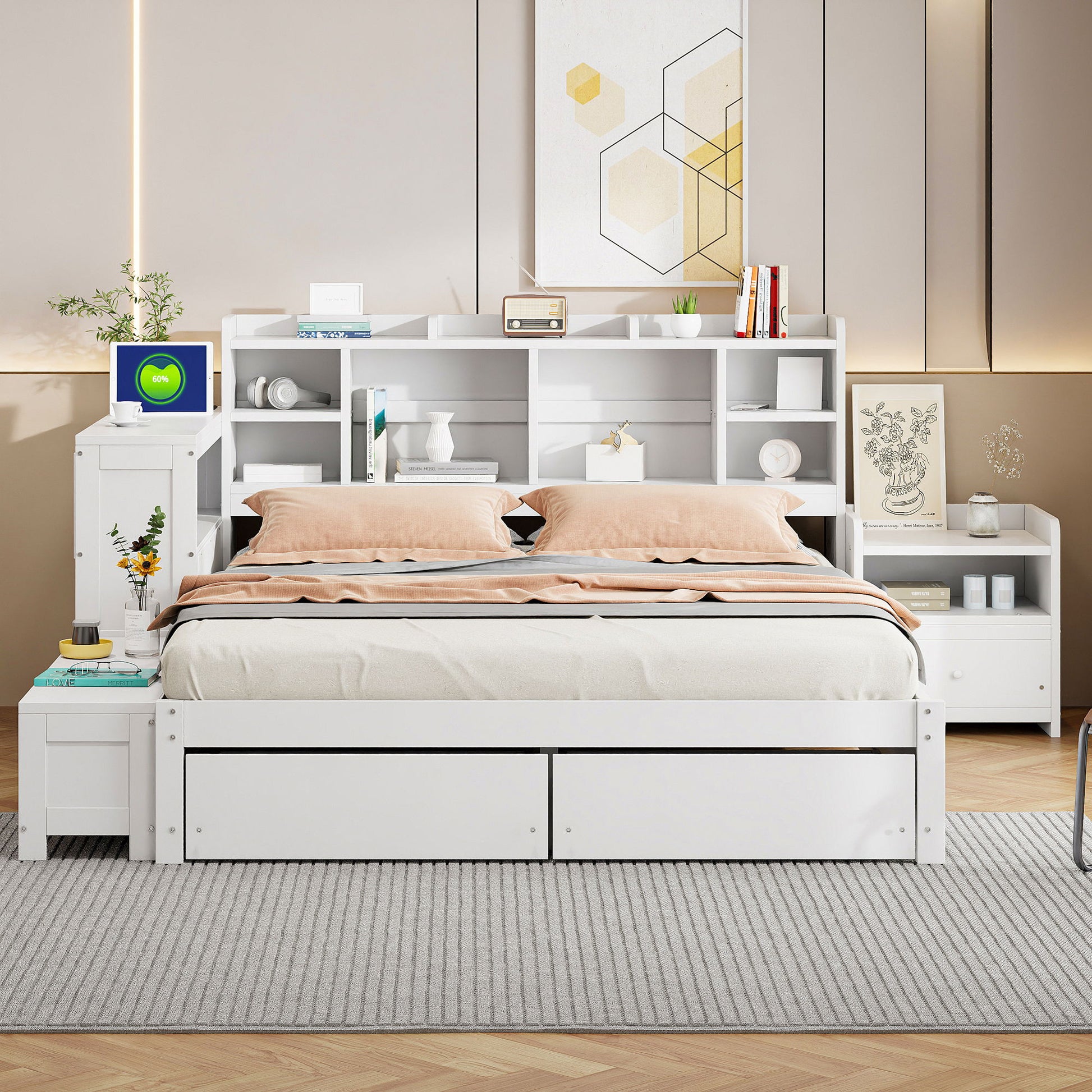 Platform Bed With Multi Functional Storage Space, Nightstand, 2 Drawers, USB Ports And Desk - The Sleep Loft - Online Mattress Showroom NYC