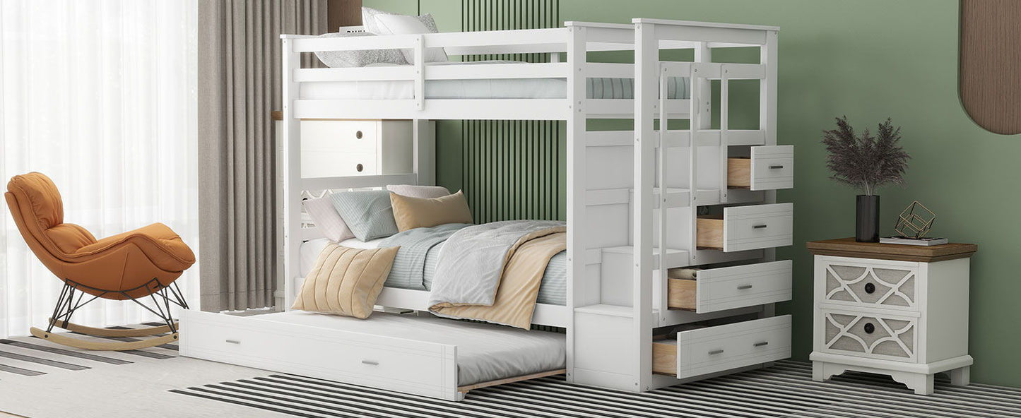 Twin Over Twin Bunk Bed With Trundle And Staircase - White - The Sleep Loft - Online Mattress Showroom NYC