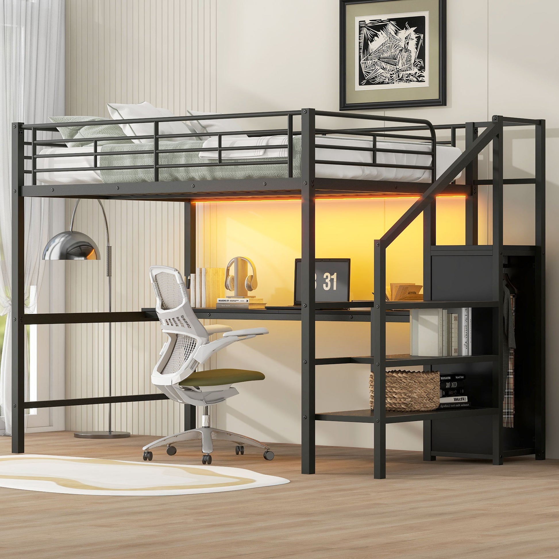 Full Size Loft Bed With Desk, Storage Staircase, Small Wardrobe And LED Light - Black - The Sleep Loft - Online Mattress Showroom NYC