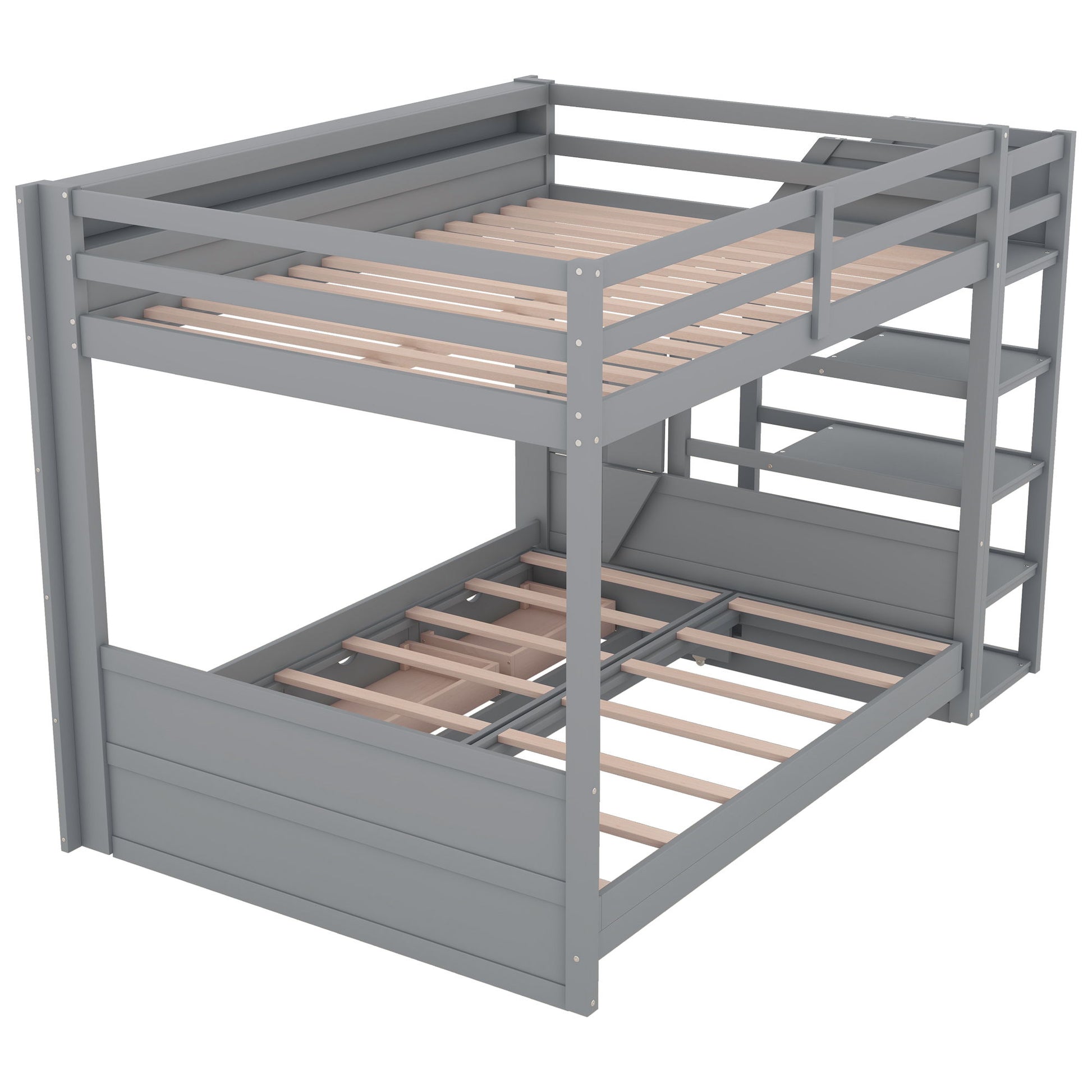 Wood Full Size Convertible Bunk Bed With Storage Staircase, Bedside Table, And 3 Drawers - Gray - The Sleep Loft - Online Mattress Showroom NYC