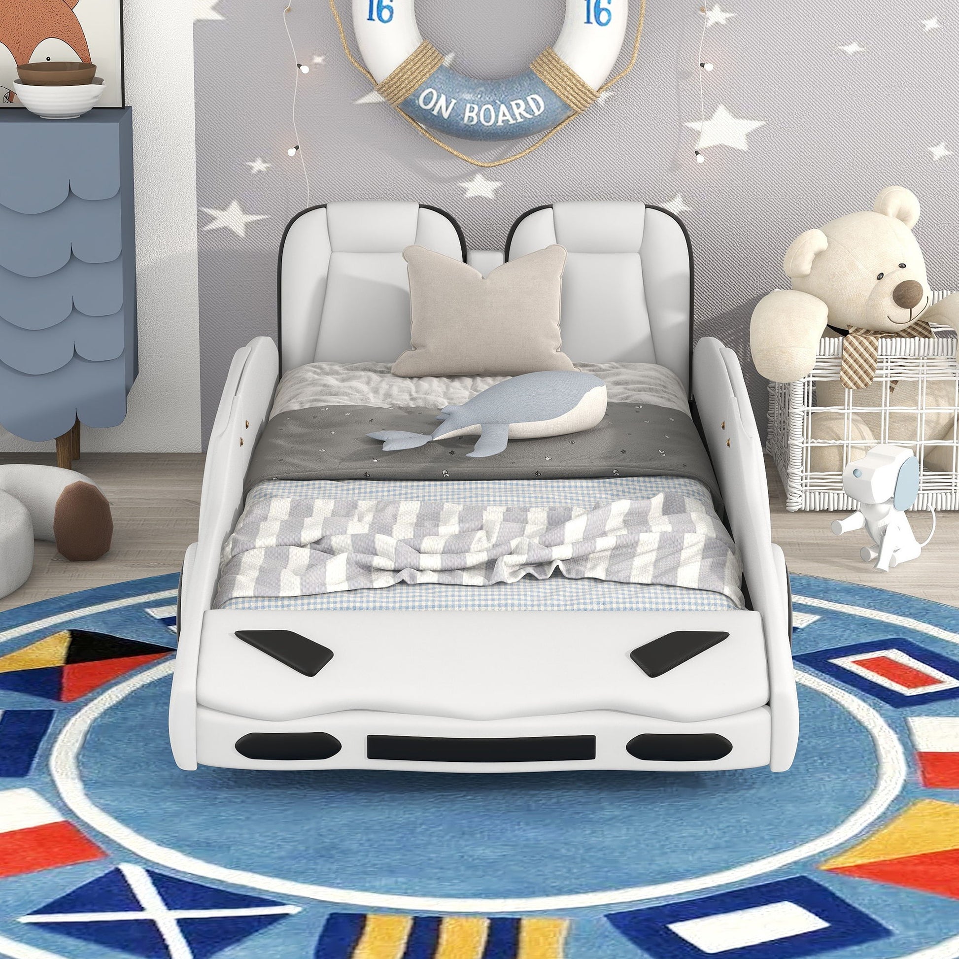 Race Car Shaped Twin Platform Bed With Wheels, Pine Wood Construction - The Sleep Loft - Online Mattress Showroom NYC