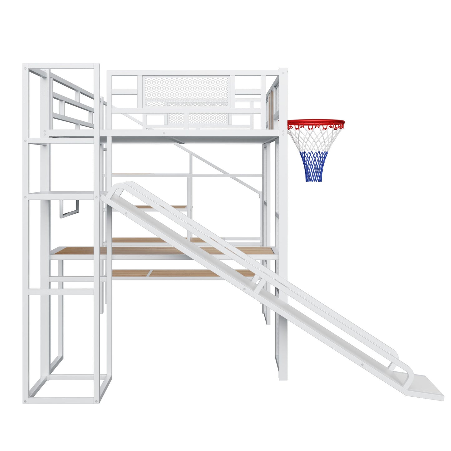 Loft Bed With Built In Desk, Open Wardrobe, Basketball Hoop, Slide And Staircase - The Sleep Loft - Online Mattress Showroom NYC