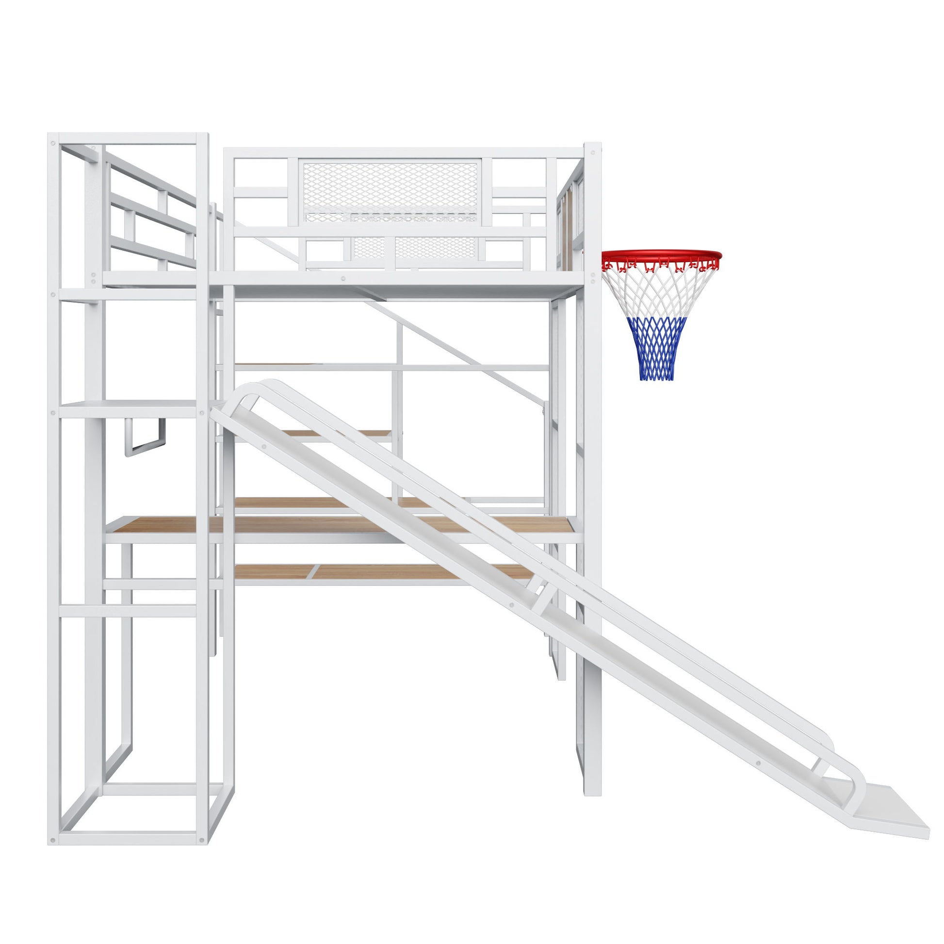 Loft Bed With Built In Desk, Open Wardrobe, Basketball Hoop, Slide And Staircase - The Sleep Loft - Online Mattress Showroom NYC