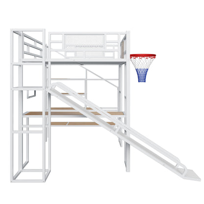 Loft Bed With Built In Desk, Open Wardrobe, Basketball Hoop, Slide And Staircase - The Sleep Loft - Online Mattress Showroom NYC