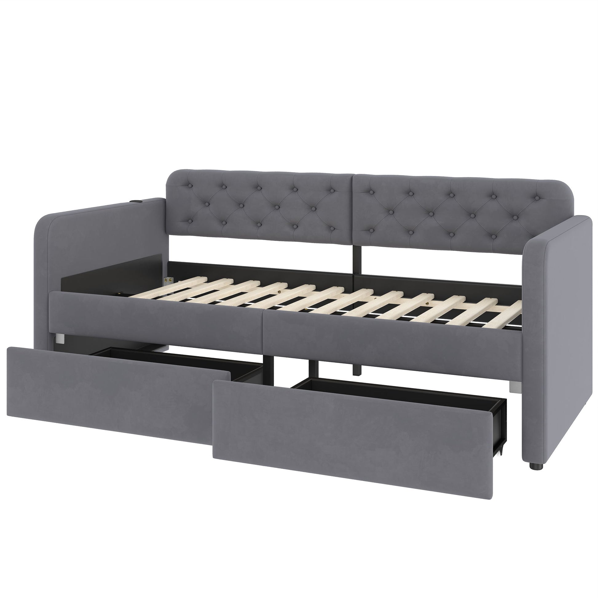 Twin Size Upholstered Daybed With 2 Storage Drawers And USB Charging Design - Gray - The Sleep Loft - Online Mattress Showroom NYC