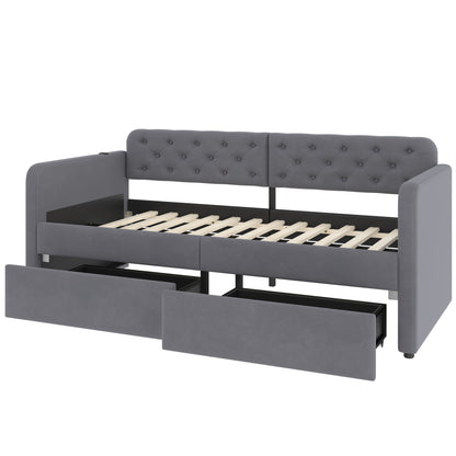 Twin Size Upholstered Daybed With 2 Storage Drawers And USB Charging Design - Gray - The Sleep Loft - Online Mattress Showroom NYC