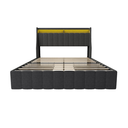 Bed With LED Lights, 4 Drawers, Winged Headboard Upholstered - The Sleep Loft - Online Mattress Showroom NYC