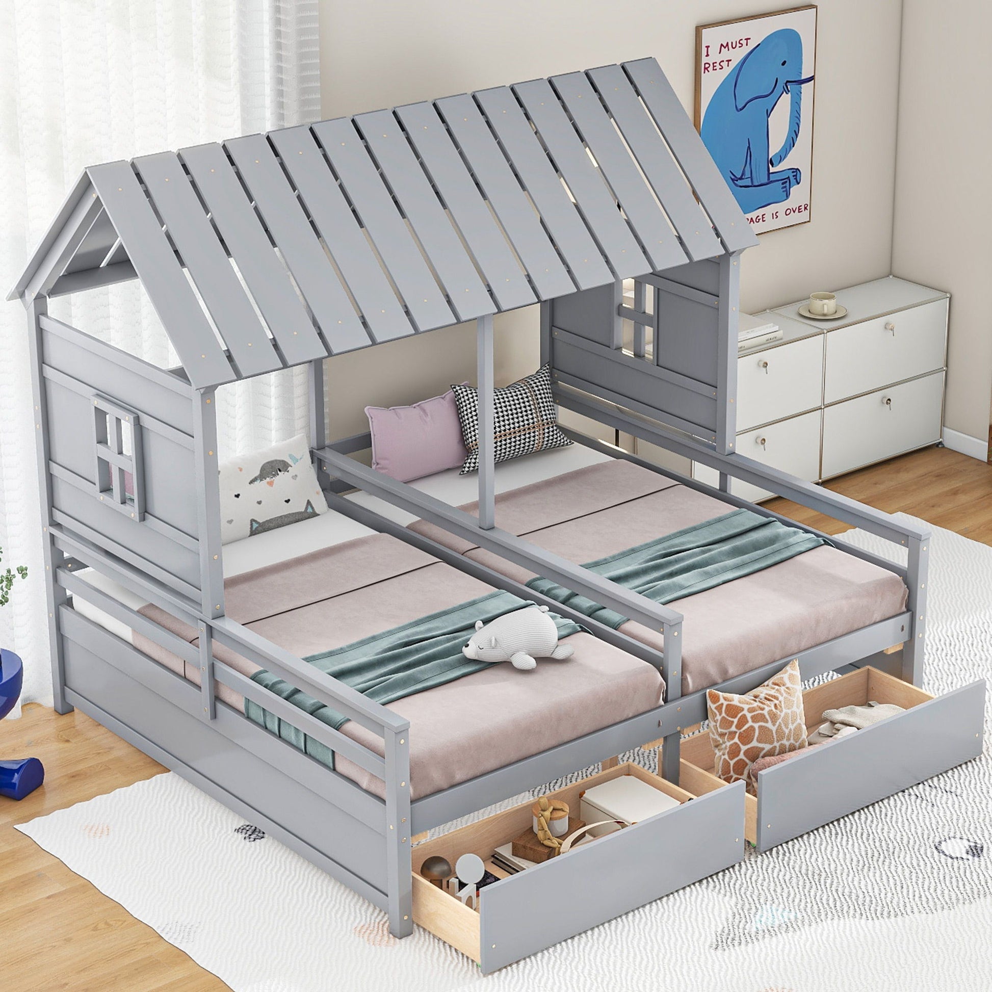 House Platform Beds With 2 Drawers, Side By Side Design - The Sleep Loft - Online Mattress Showroom NYC