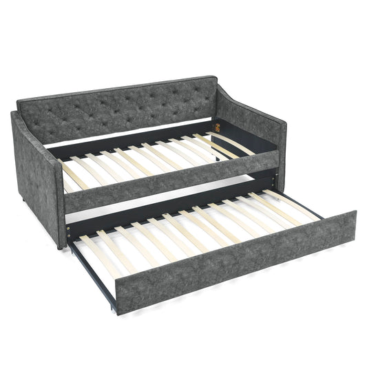 Twin Upholstered Daybed With Trundle, Waved Arms - Gray - The Sleep Loft - Online Mattress Showroom NYC