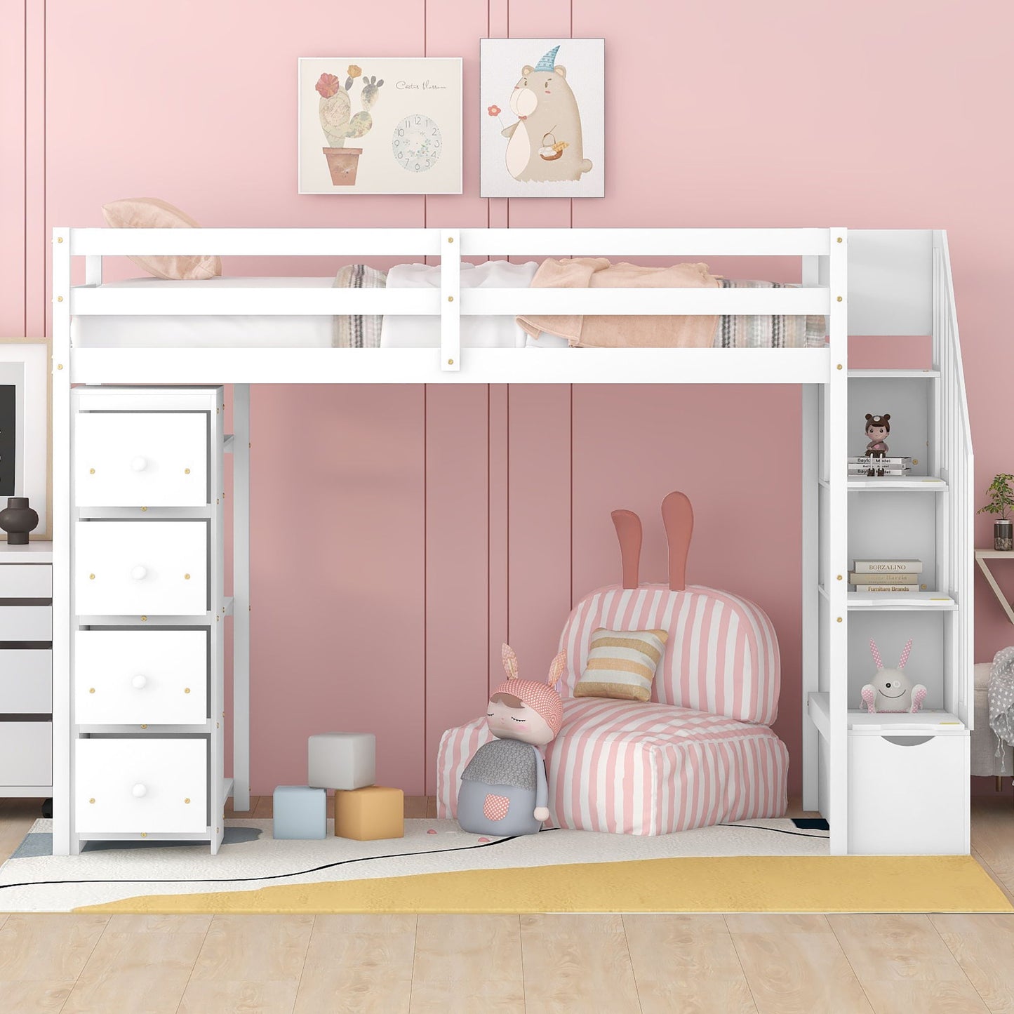 Loft Bed With Storage Drawers And Stairs With Shelves - The Sleep Loft - Online Mattress Showroom NYC