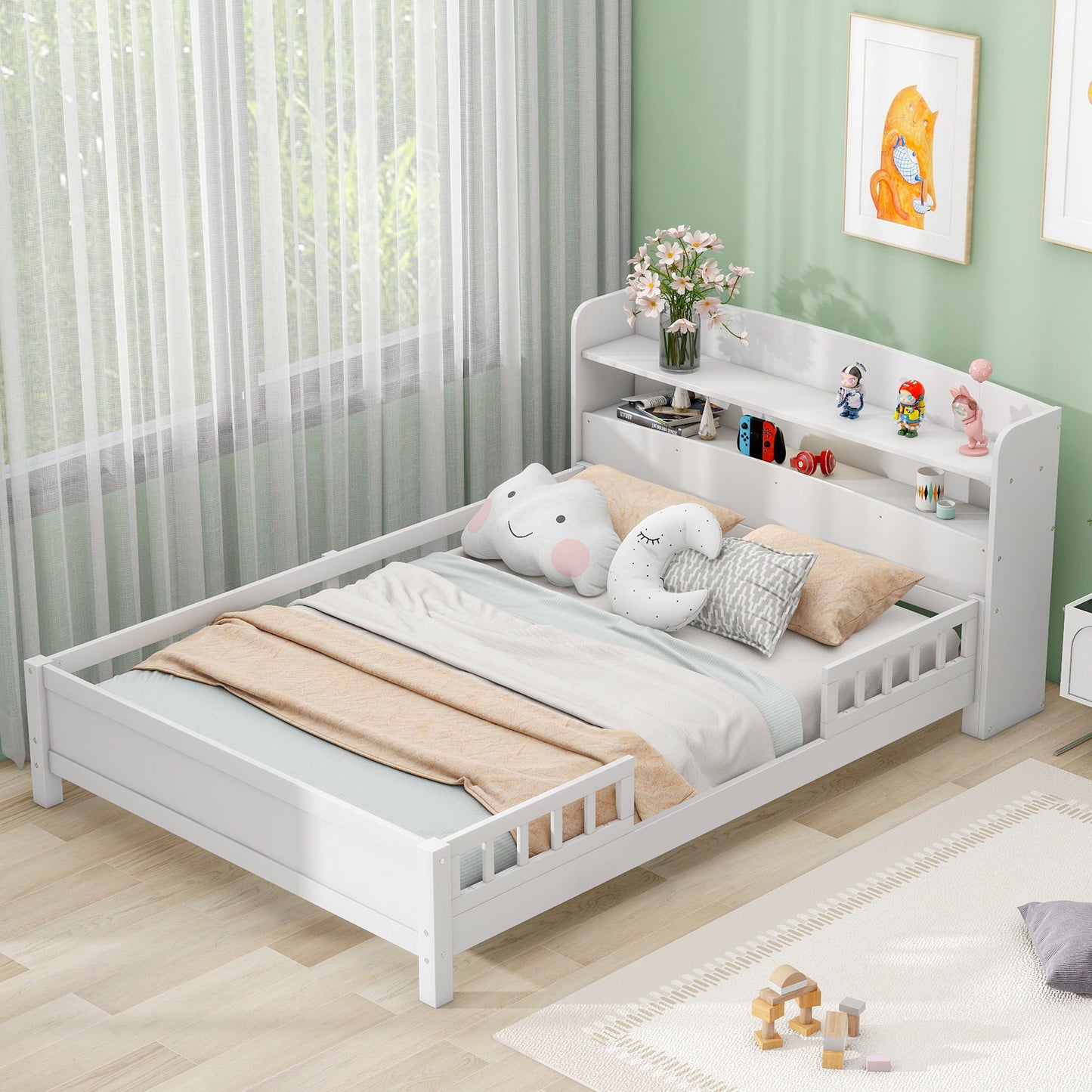 Wood Platform Bed With Built In LED Light, Storage Headboard And Guardrail - The Sleep Loft - Online Mattress Showroom NYC