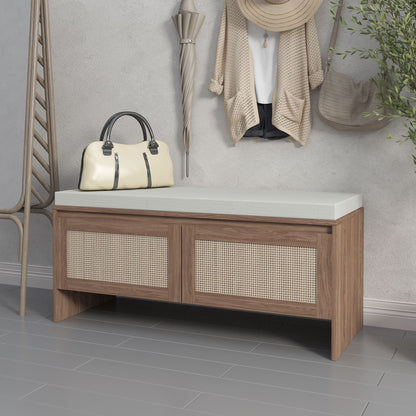 Storage Bench With Cushion, Shoe Cabinet With 2 Doors - Antique Natural / Rattan - The Sleep Loft - Online Mattress Showroom NYC