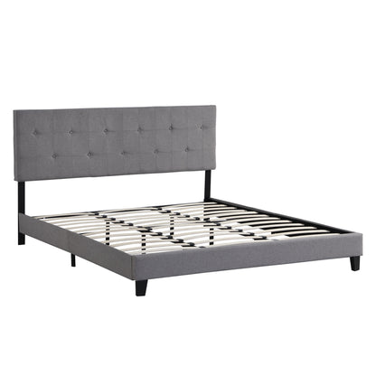 Modern Upholstered Platform Bed Frame With Button Tufted Linen Headboard And Wood Slat Support