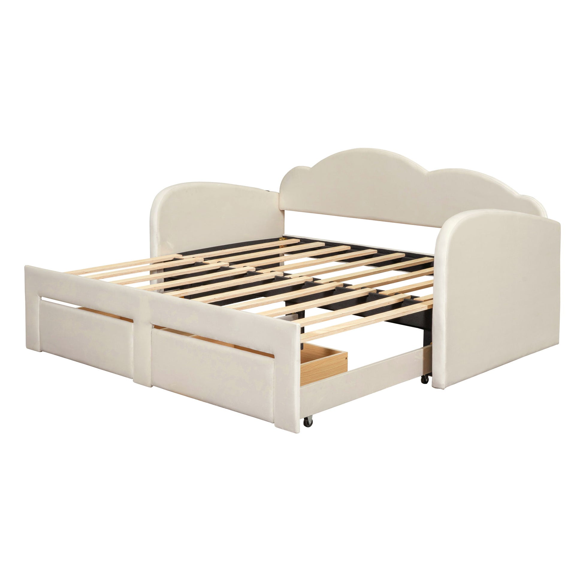 Upholstered Daybed With Cloud-Shaped Backrest, Trundle & 2 Drawers And USB Ports - The Sleep Loft - Online Mattress Showroom NYC
