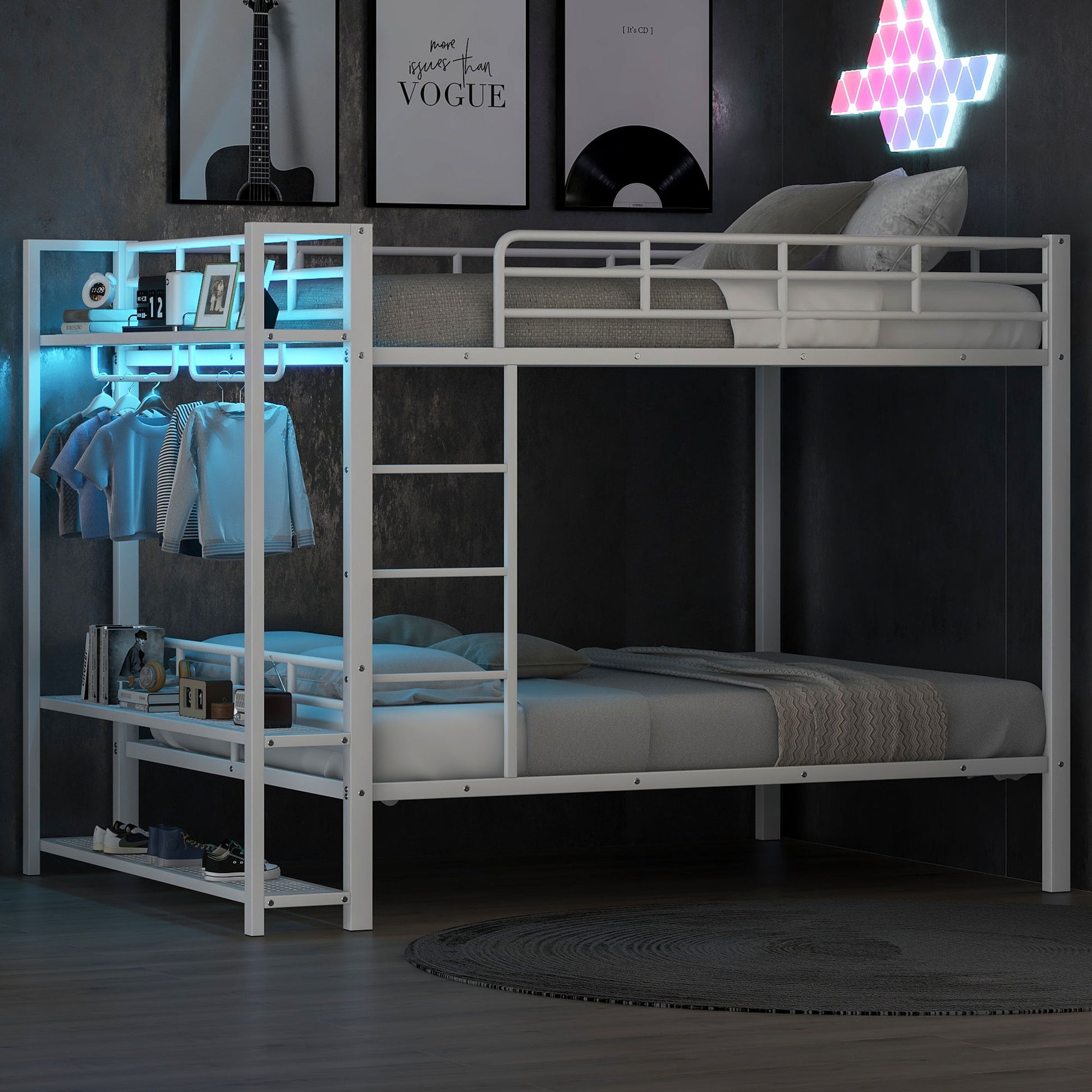 Bunk Bed With Storage Shelves, Clothes Hooks, LED Light - The Sleep Loft - Online Mattress Showroom NYC