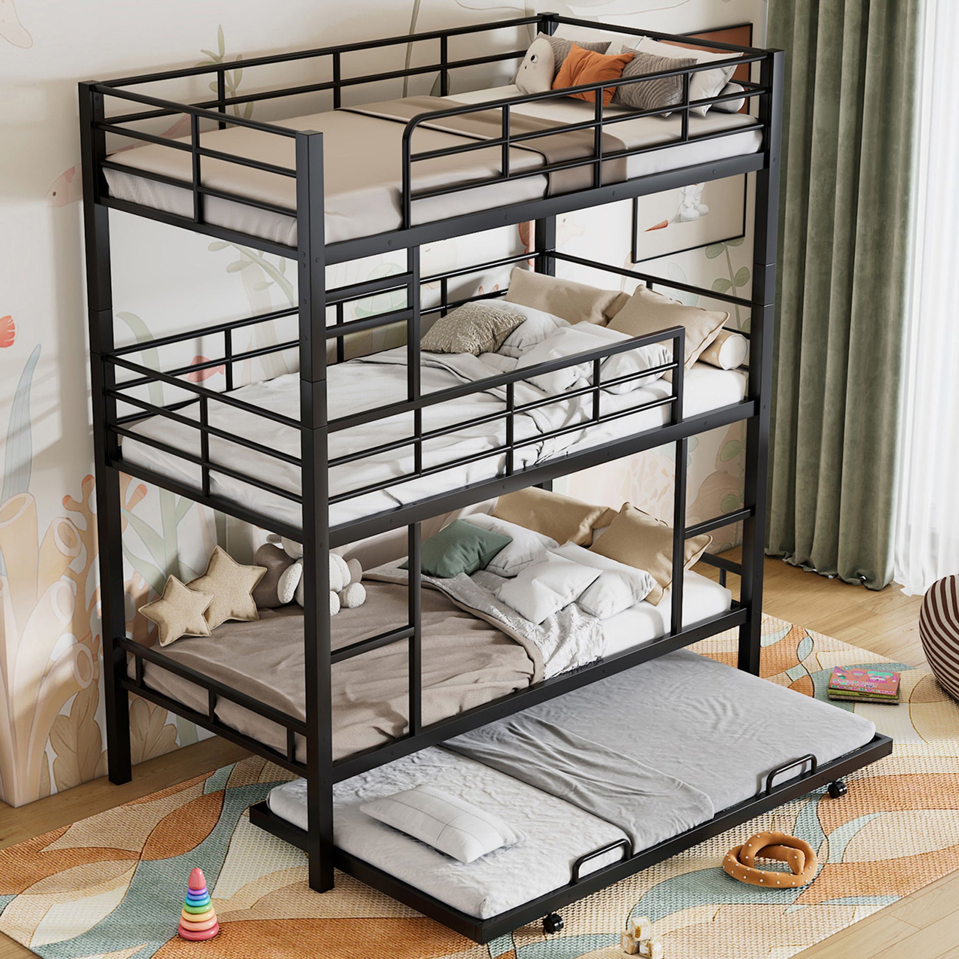 Triple Bunk Bed With Trundle, Heavy Duty Steel Construction - The Sleep Loft - Online Mattress Showroom NYC