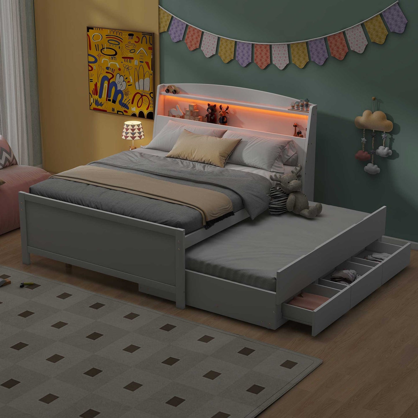 Full Size Platform Bed With Storage LED Headboard, Twin Trundle And 3 Drawers - White - The Sleep Loft - Online Mattress Showroom NYC