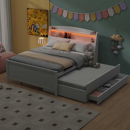 Full Size Platform Bed With Storage LED Headboard, Twin Trundle And 3 Drawers - White - The Sleep Loft - Online Mattress Showroom NYC
