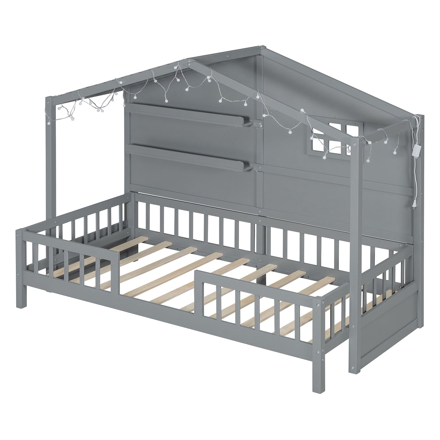 House Bed With Shelves, Window And Sparkling Light Strip On The Roof - The Sleep Loft - Online Mattress Showroom NYC