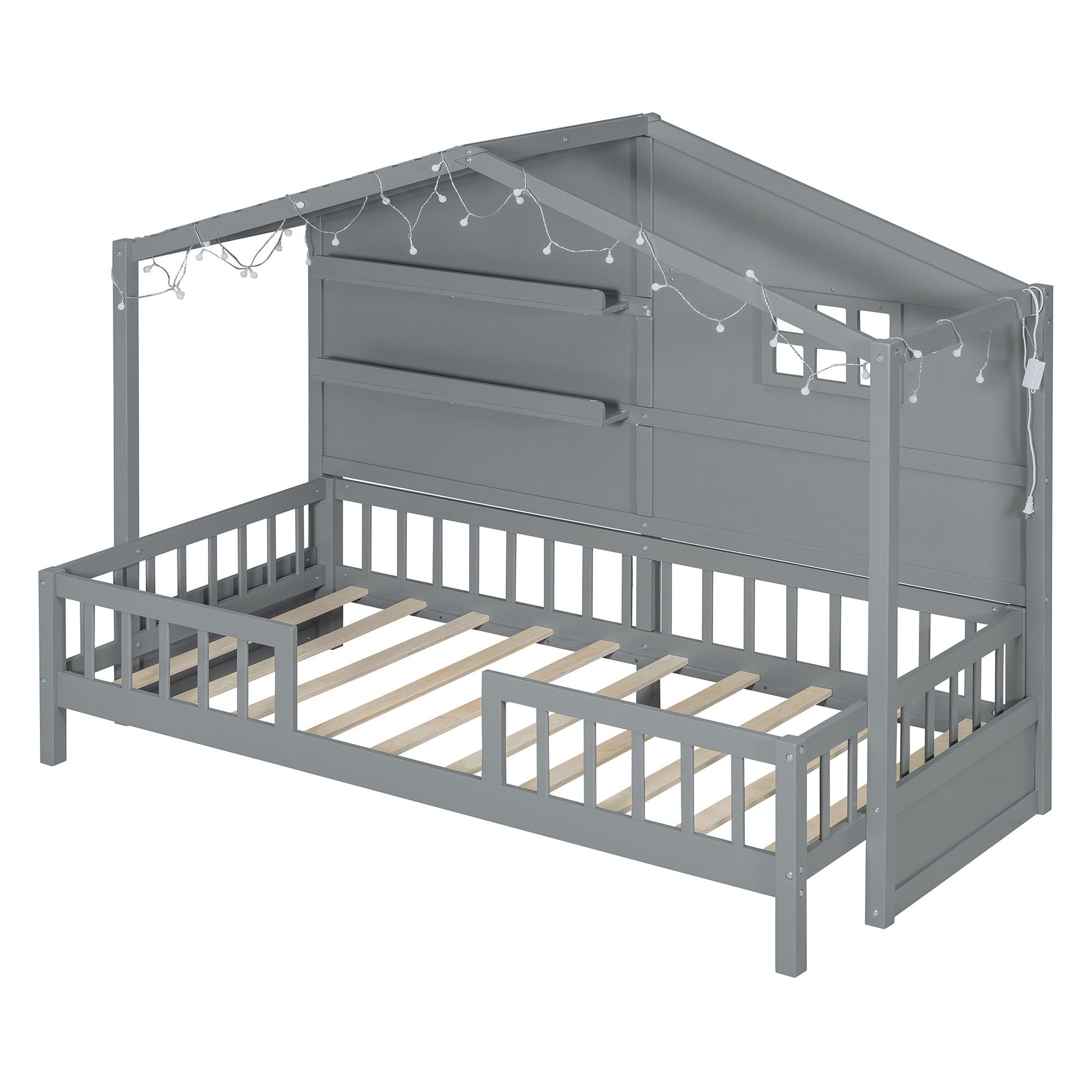 House Bed With Shelves, Window And Sparkling Light Strip On The Roof - The Sleep Loft - Online Mattress Showroom NYC
