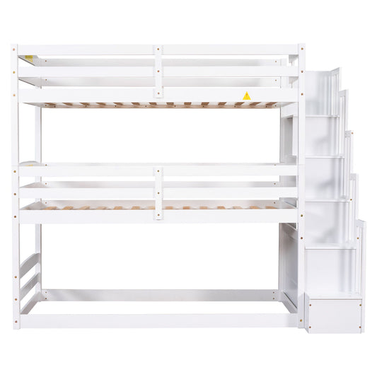 Twin Size Triple Bunk Bed With Storage Staircase, Separate Design - White - The Sleep Loft - Online Mattress Showroom NYC