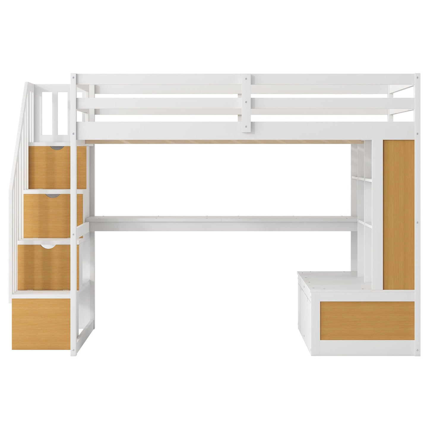 Full Size Loft Bed With Desk And Shelves, 2 Built In Drawers, Storage Staircase - Natural / White - The Sleep Loft - Online Mattress Showroom NYC