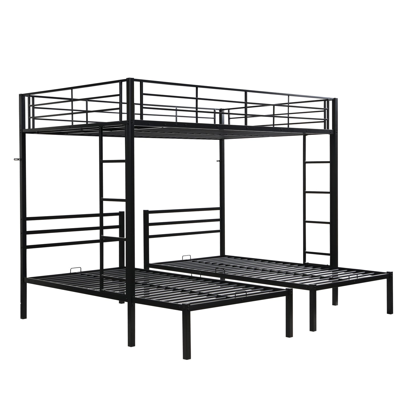 Modern Metal Triple Bunk Bed With Vertical Ladder, Safety Rail, And Storage Shelf - Black - The Sleep Loft - Online Mattress Showroom NYC
