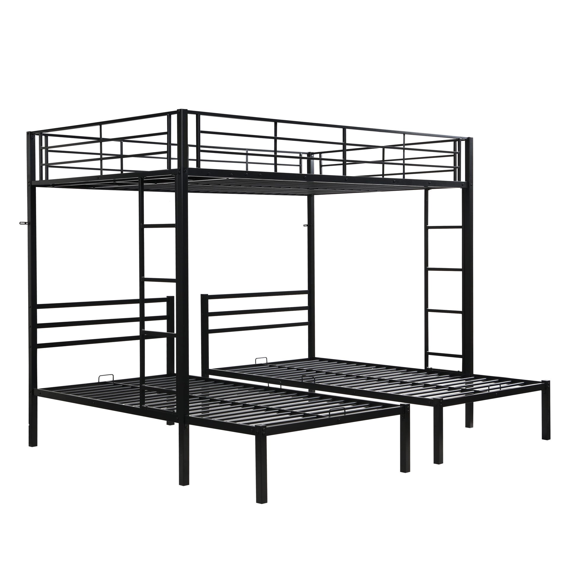 Modern Metal Triple Bunk Bed With Vertical Ladder, Safety Rail, And Storage Shelf - Black - The Sleep Loft - Online Mattress Showroom NYC