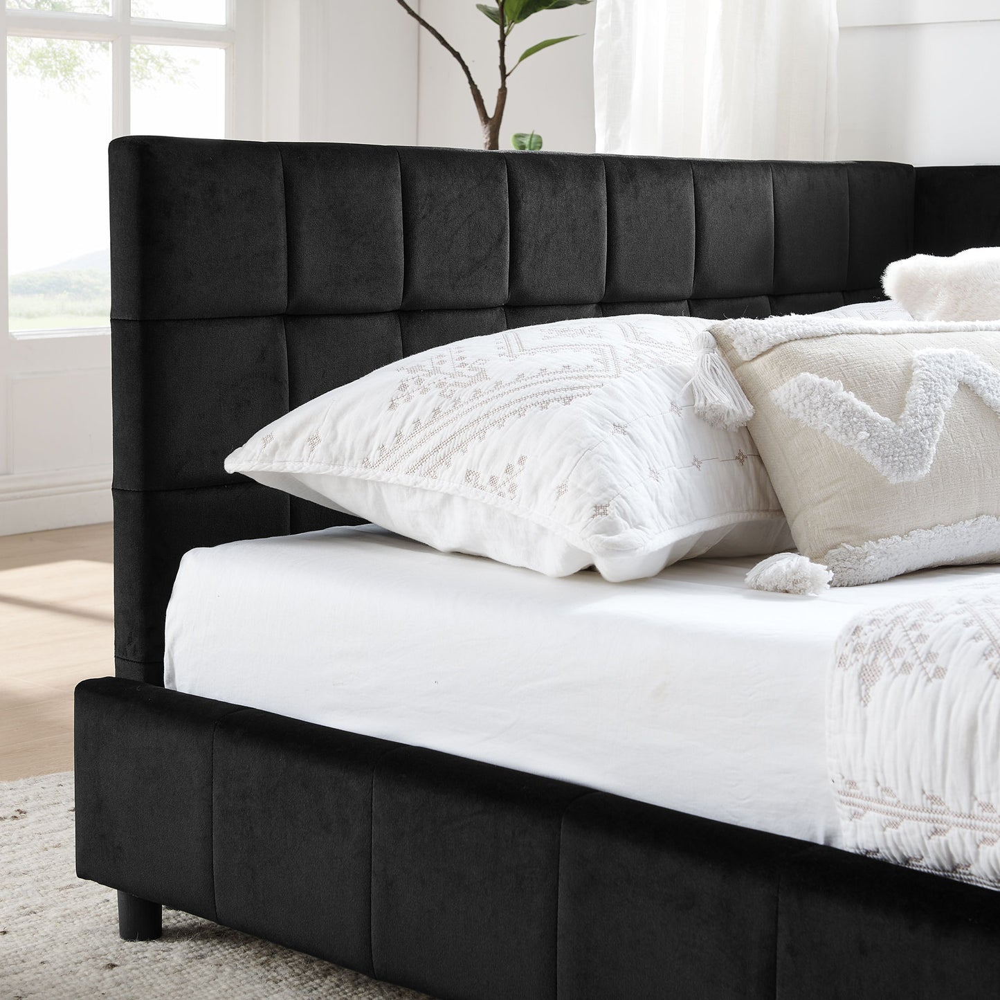 Mid-Century Storage Upholstered Tufted Bed Frame With Backrest And Armrests - The Sleep Loft - Online Mattress Showroom NYC