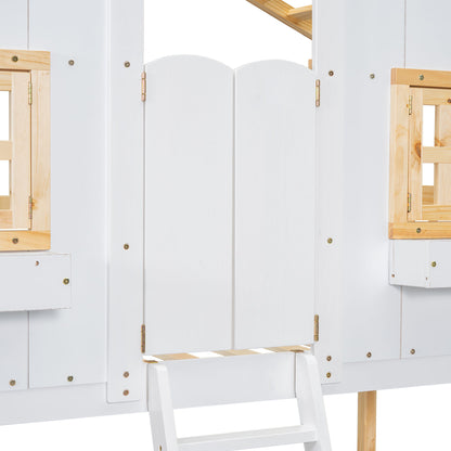 House Bunk Bed With Roof, Window, Window Box, Door, With Safety Guardrails And Ladder - The Sleep Loft - Online Mattress Showroom NYC