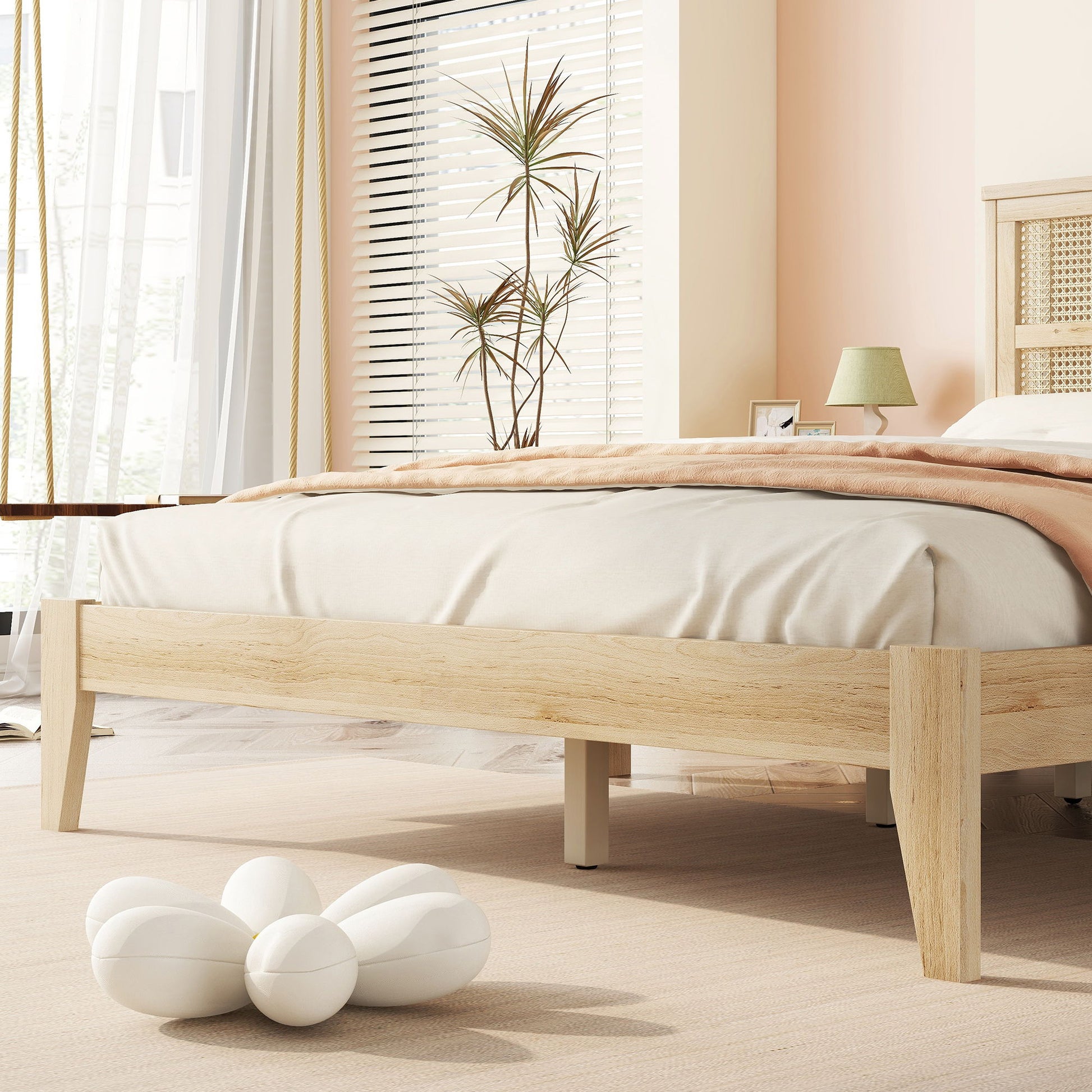 Queen Size Rubber Wooden, Solid Wooden Bed With Rattan Headboard, Enhanced By Support Feet - Natural - The Sleep Loft - Online Mattress Showroom NYC