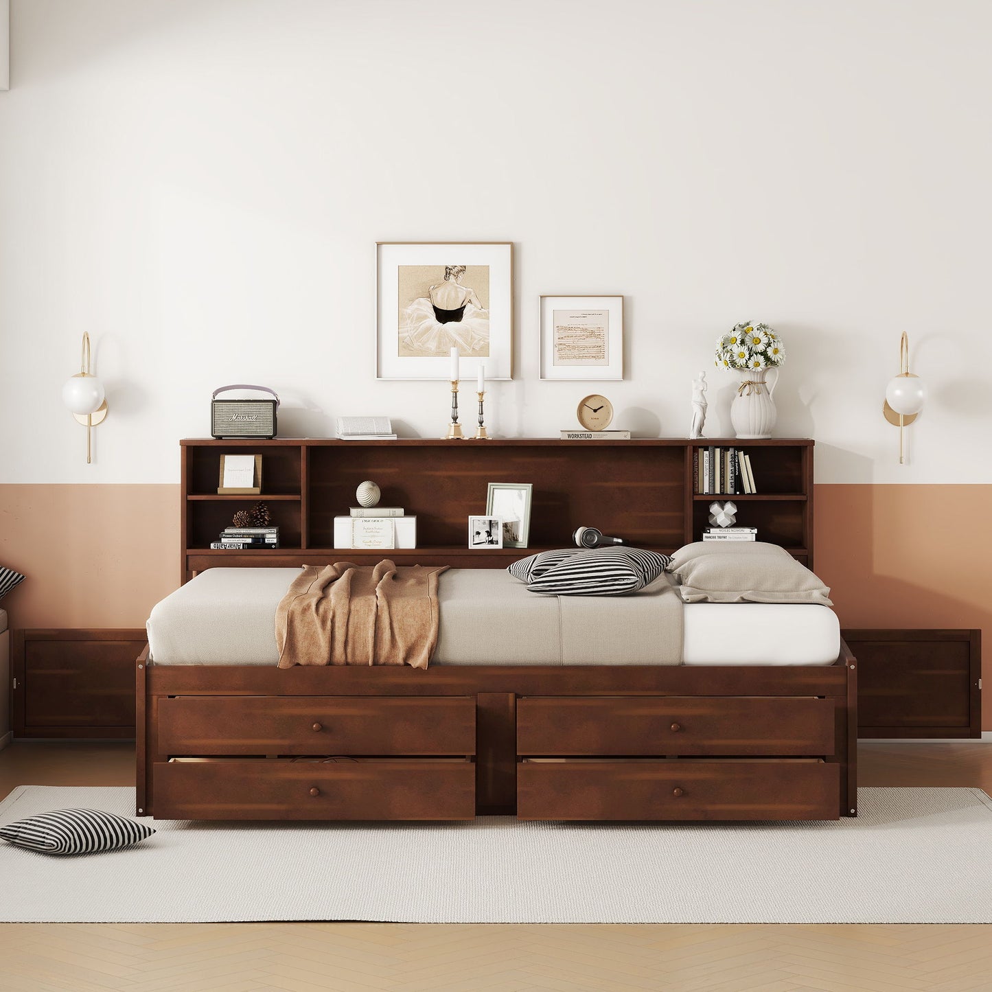 Full Size Captain Bed With Built In Storage Shelves, 4 Drawers And 2 Cabinets - Antique Brown - The Sleep Loft - Online Mattress Showroom NYC