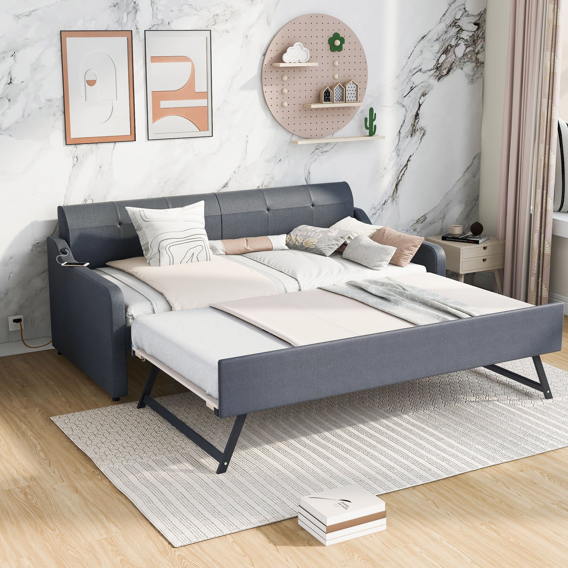 Upholstered Daybed With Trundle And USB Charging - The Sleep Loft - Online Mattress Showroom NYC
