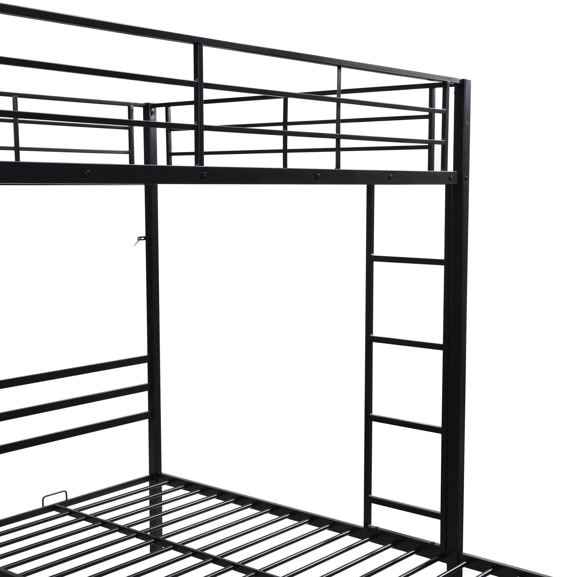 Modern Metal Triple Bunk Bed With Vertical Ladder, Safety Rail, And Storage Shelf - Black - The Sleep Loft - Online Mattress Showroom NYC