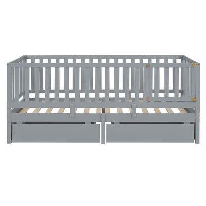 Daybed With Fence Guardrails And 2 Drawers, Split Into Independent Floor Bed & Daybed - The Sleep Loft - Online Mattress Showroom NYC